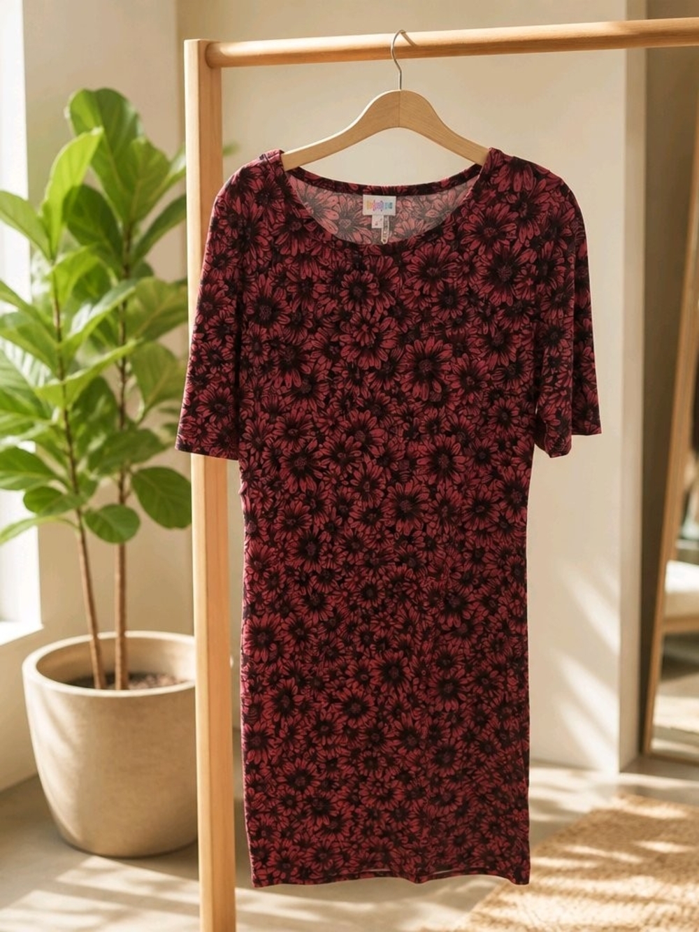 LuLaRoe Maroon and Black Floral Scoop-Neck Dress